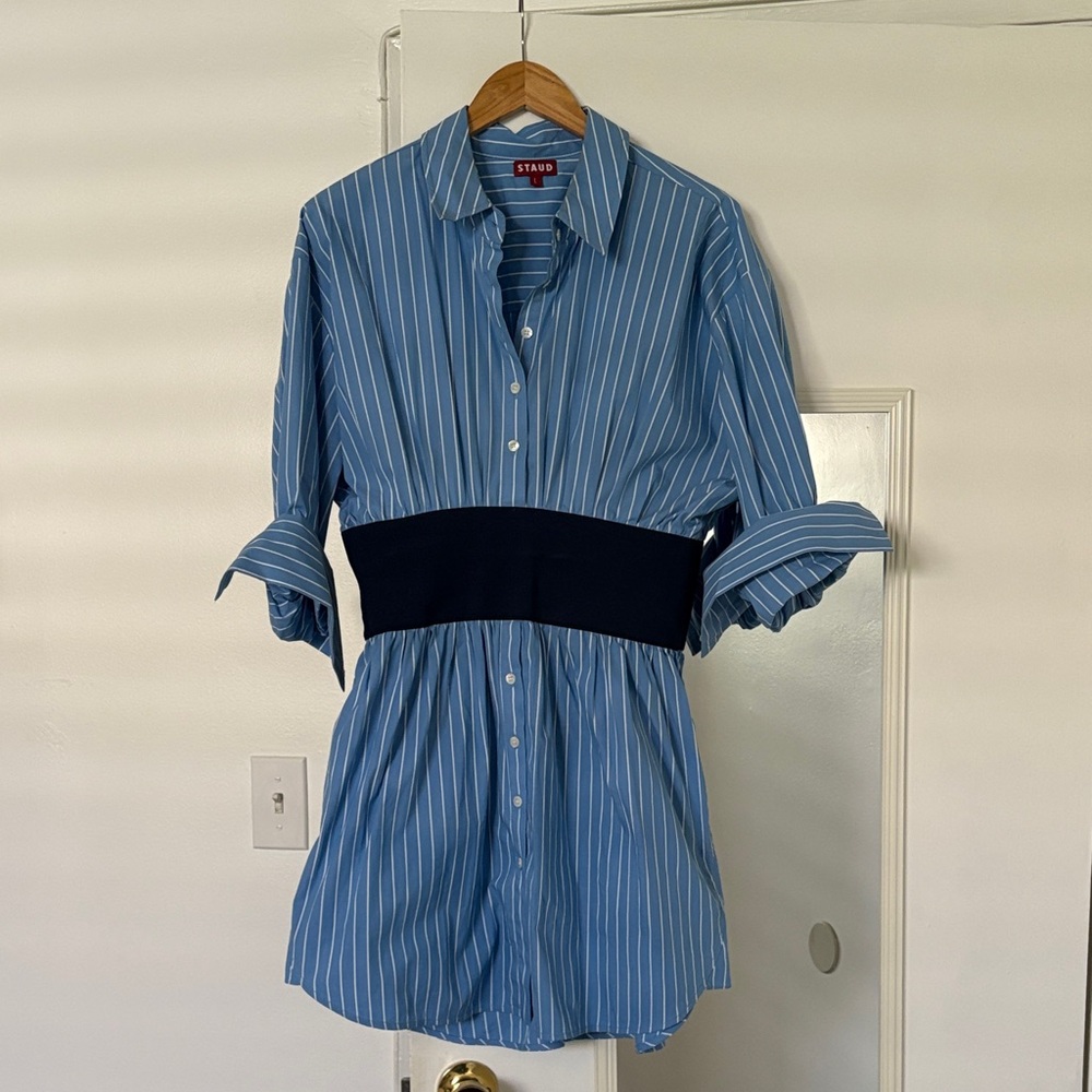 STAUD Michelle Blue and Navy Striped Mini Dress